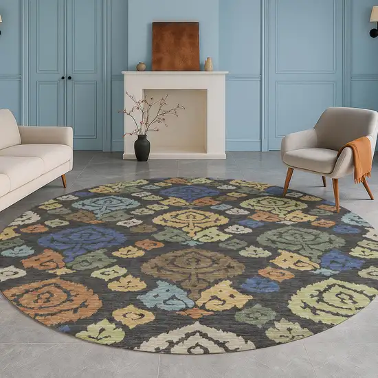 8' Charcoal And Green Round Damask Washable Indoor Outdoor Area Rug Photo 5