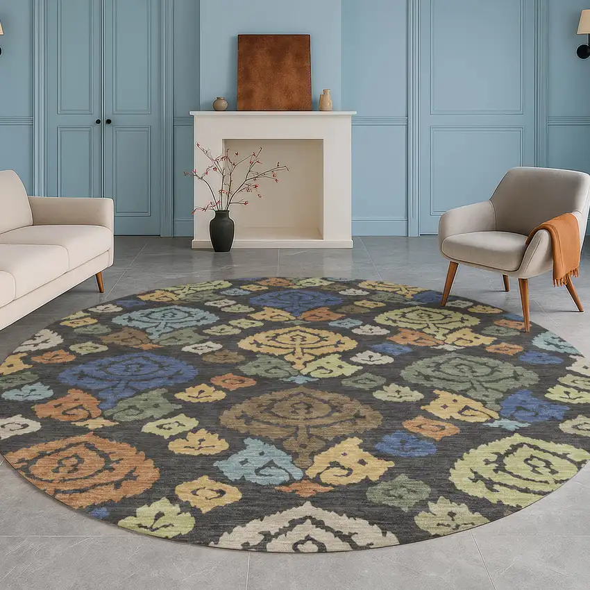 8' Charcoal And Green Round Damask Washable Indoor Outdoor Area Rug Photo 5