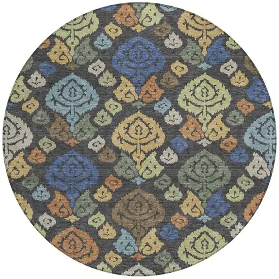 8' Charcoal And Green Round Damask Washable Indoor Outdoor Area Rug Photo 3