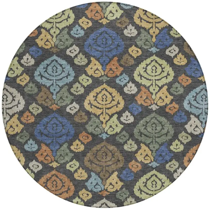 8' Charcoal And Green Round Damask Washable Indoor Outdoor Area Rug Photo 3