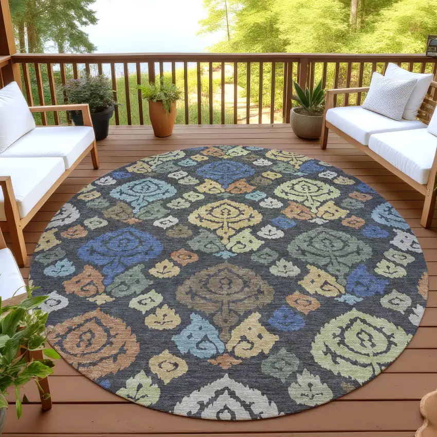 8' Charcoal And Green Round Damask Washable Indoor Outdoor Area Rug Photo 4