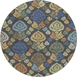 Photo of 8' Charcoal And Green Round Damask Washable Indoor Outdoor Area Rug