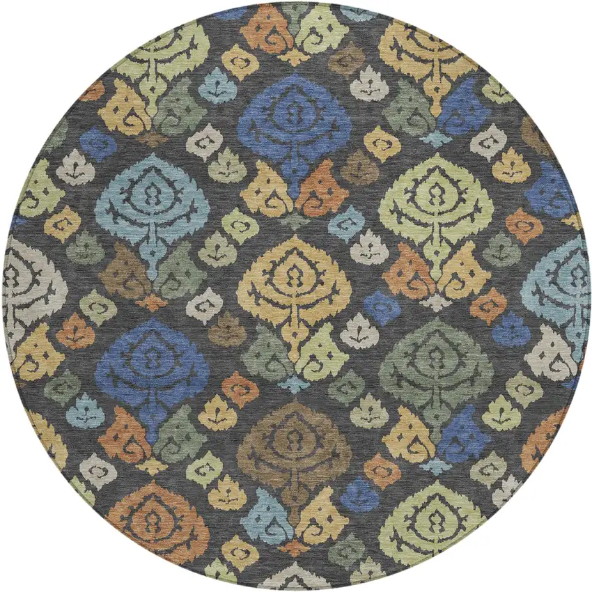 8' Charcoal And Green Round Damask Washable Indoor Outdoor Area Rug Photo 1