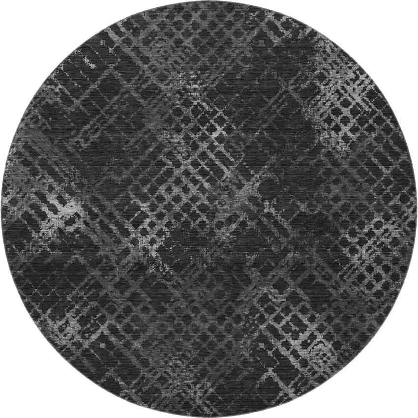 8' Charcoal And Ivory Abstract Geometric Washable Round Rug With UV Protection Photo 4