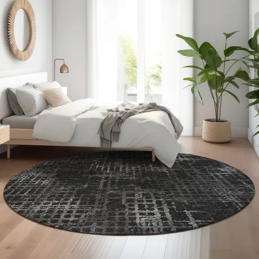 8' Charcoal And Ivory Abstract Geometric Washable Round Rug With UV Protection Photo 5