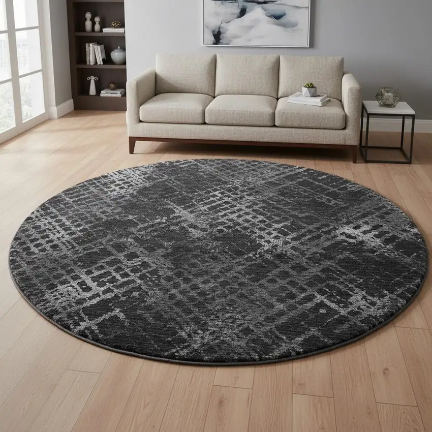 8' Charcoal And Ivory Abstract Geometric Washable Round Rug With UV Protection Photo 2
