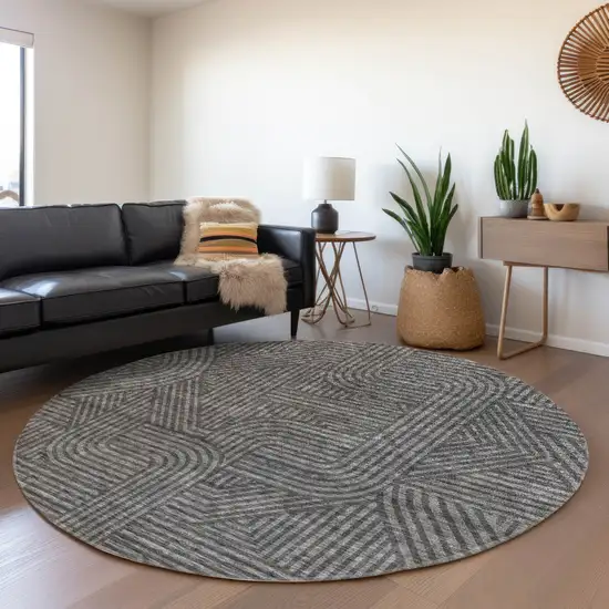 8' Charcoal And Ivory Abstract Geometric Washable Round Rug With UV Protection Photo 5