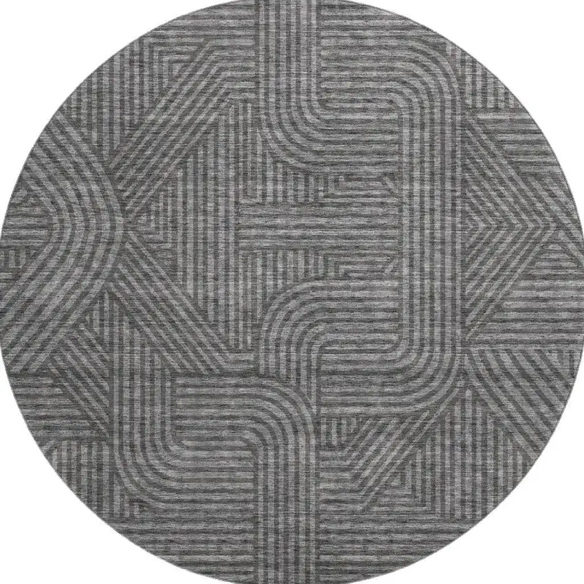 8' Charcoal And Ivory Abstract Geometric Washable Round Rug With UV Protection Photo 3