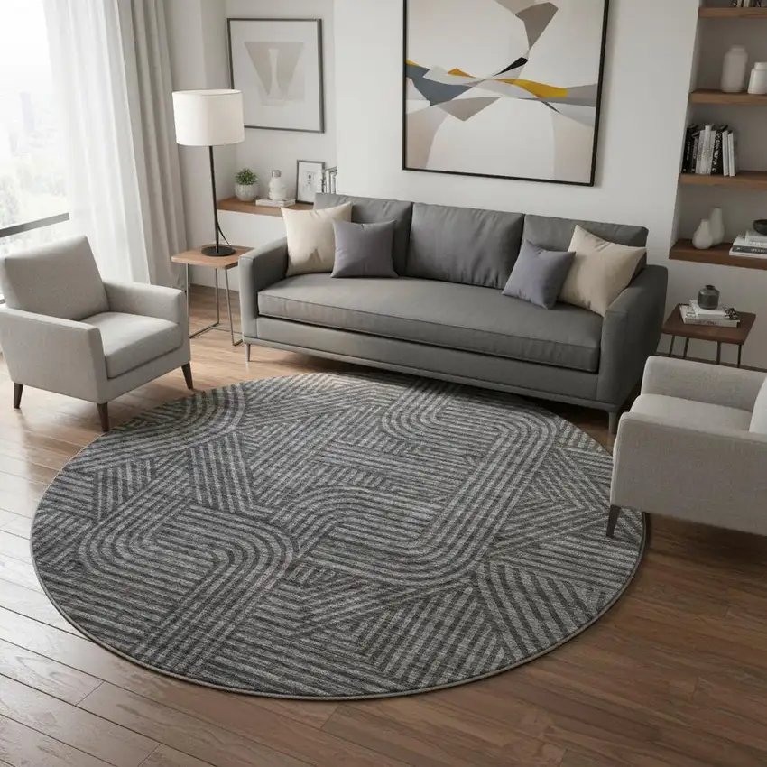 8' Charcoal And Ivory Abstract Geometric Washable Round Rug With UV Protection Photo 2