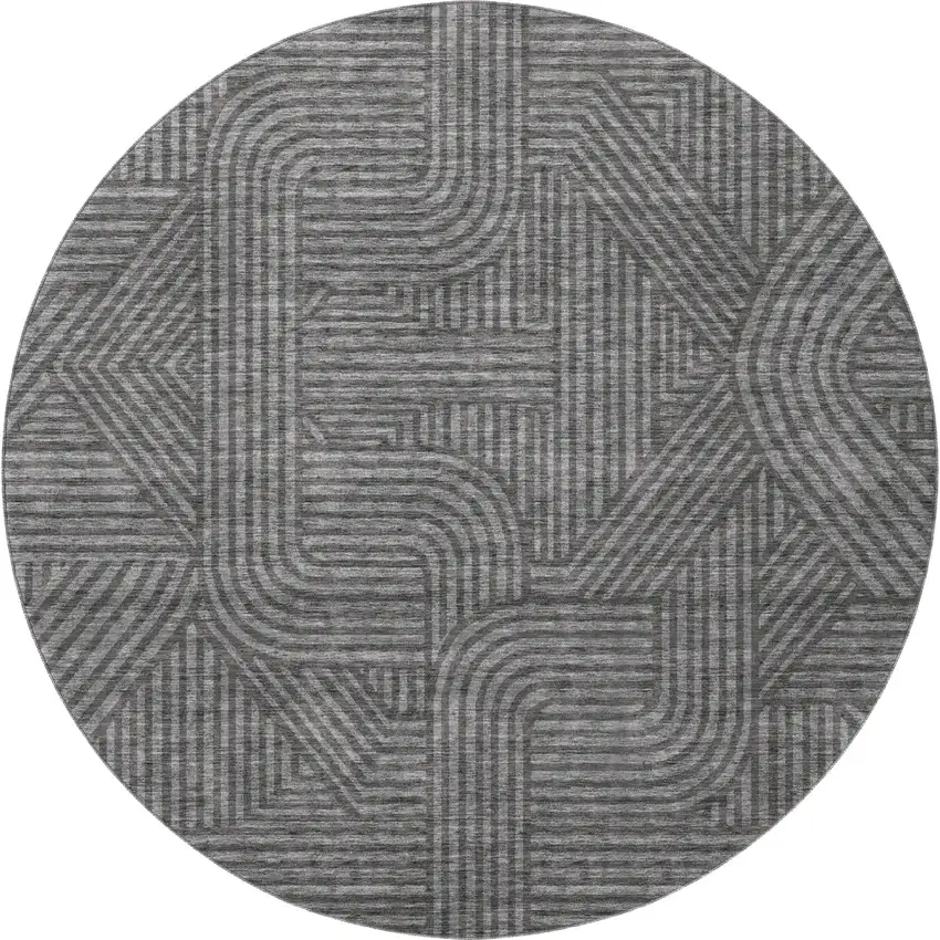 8' Charcoal And Ivory Abstract Geometric Washable Round Rug With UV Protection Photo 4