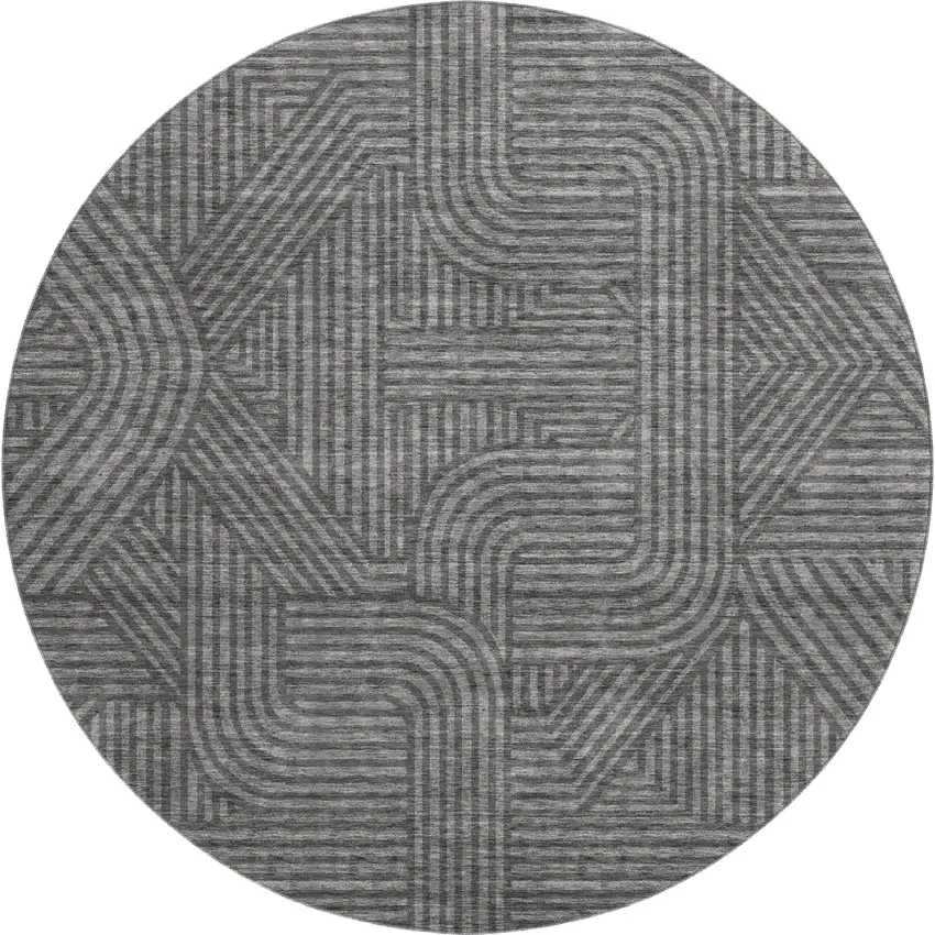 8' Charcoal And Ivory Abstract Geometric Washable Round Rug With UV Protection Photo 1