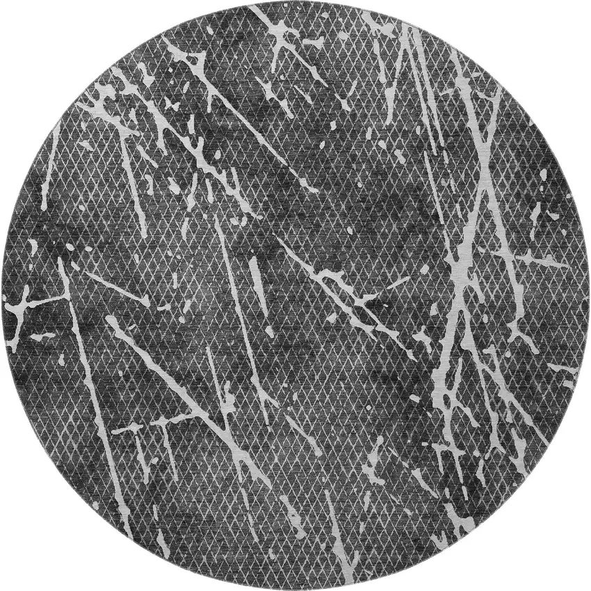 8' Charcoal And Ivory Abstract Washable Round Rug With UV Protection Photo 4