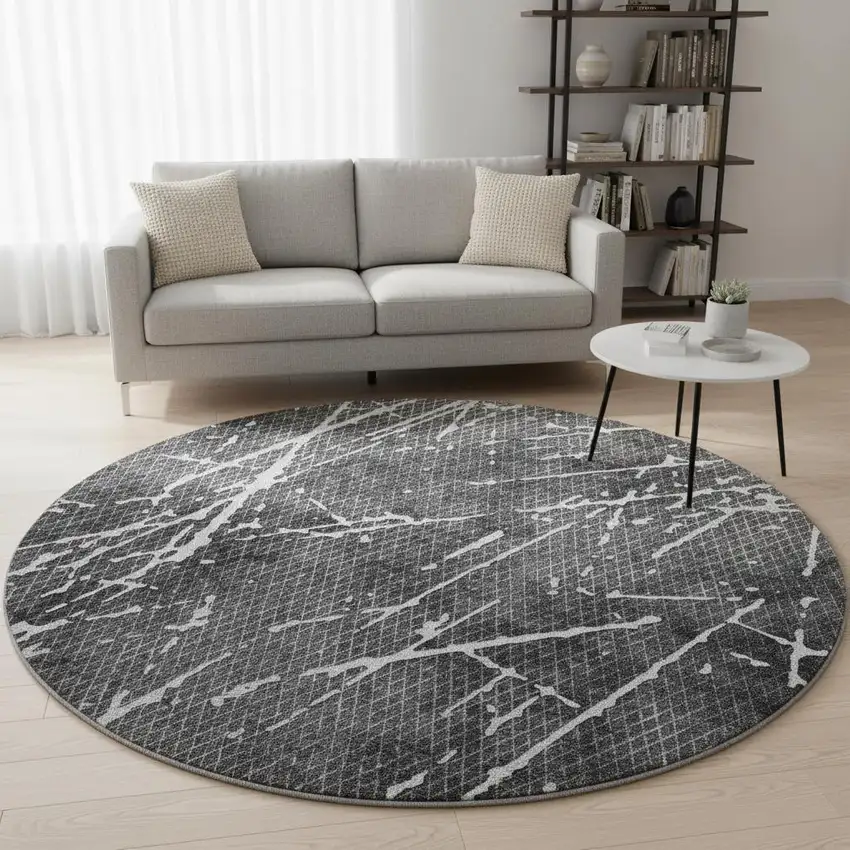 8' Charcoal And Ivory Abstract Washable Round Rug With UV Protection Photo 2