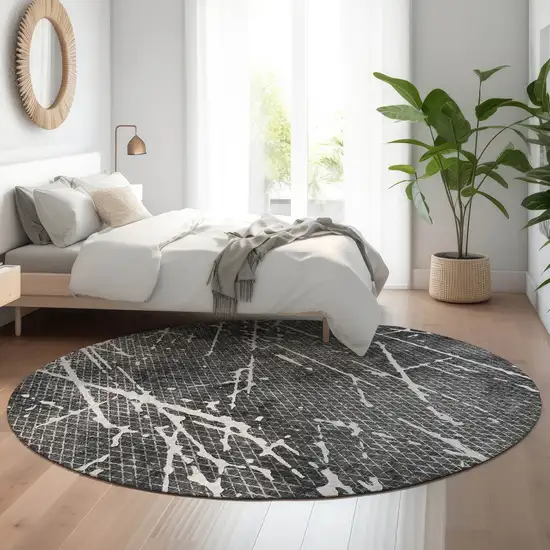 8' Charcoal And Ivory Abstract Washable Round Rug With UV Protection Photo 5