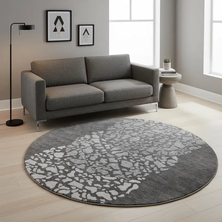 8' Charcoal And Ivory Abstract Washable Round Rug With UV Protection Photo 2