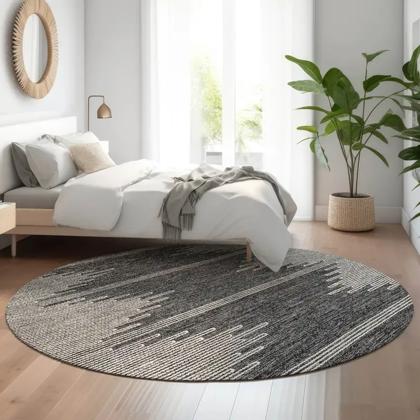 8' Charcoal And Ivory Abstract Washable Round Rug With UV Protection Photo 5