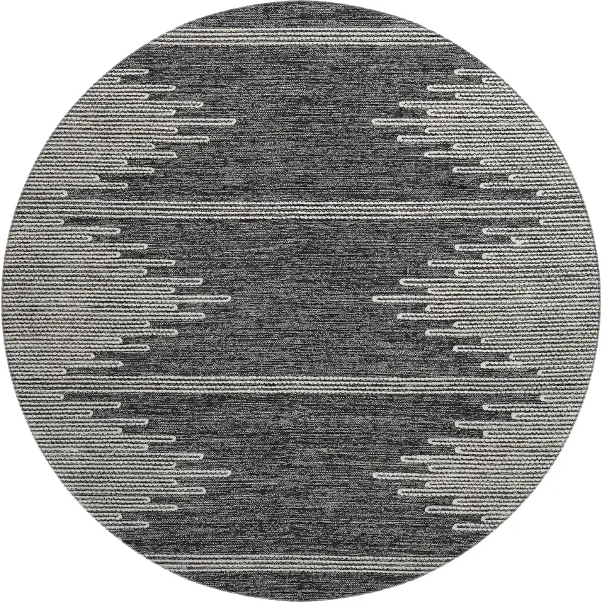 8' Charcoal And Ivory Abstract Washable Round Rug With UV Protection Photo 1