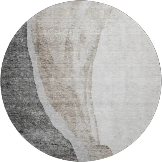 8' Charcoal And Ivory Abstract Washable Round Rug With UV Protection Photo 1