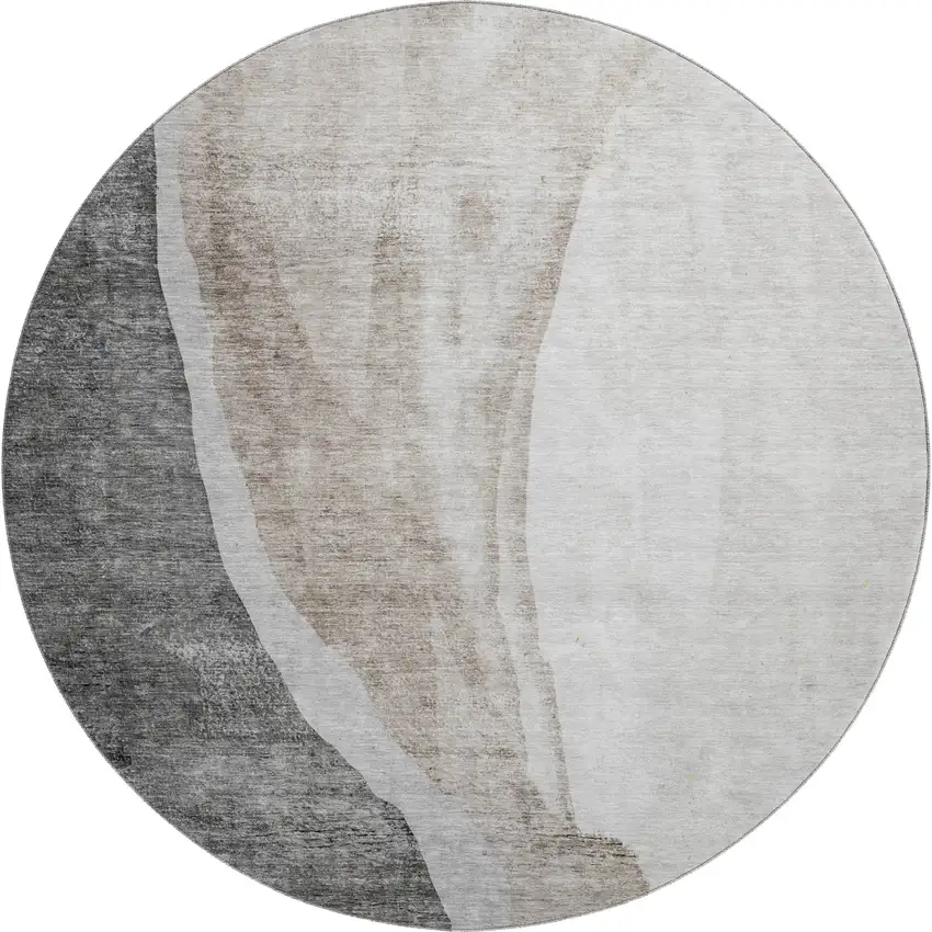 8' Charcoal And Ivory Abstract Washable Round Rug With UV Protection Photo 1