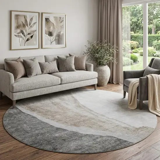 8' Charcoal And Ivory Abstract Washable Round Rug With UV Protection Photo 1