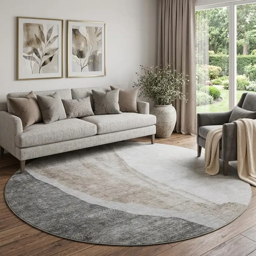 8' Charcoal And Ivory Abstract Washable Round Rug With UV Protection Photo 1