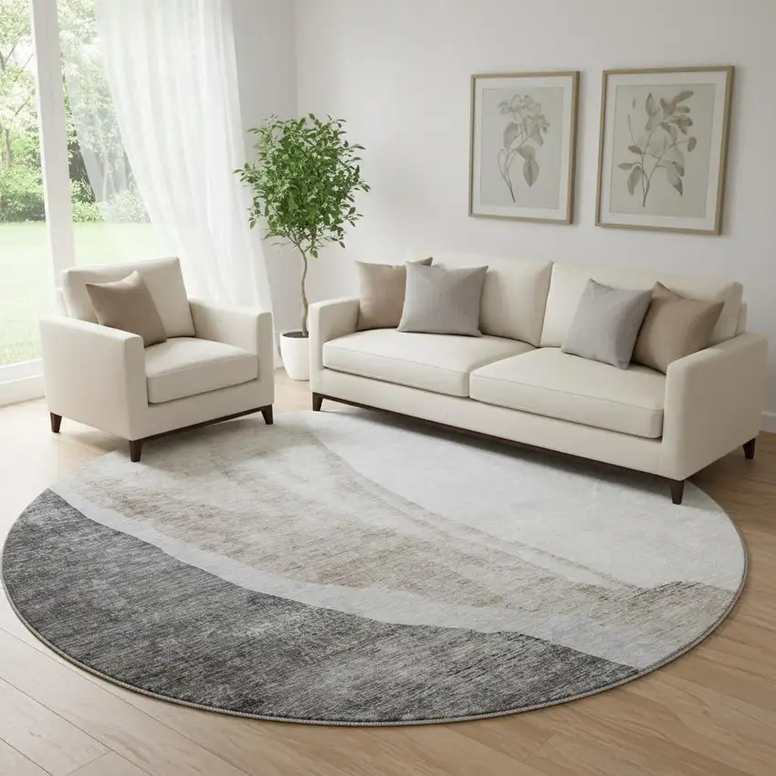 8' Charcoal And Ivory Abstract Washable Round Rug With UV Protection Photo 1