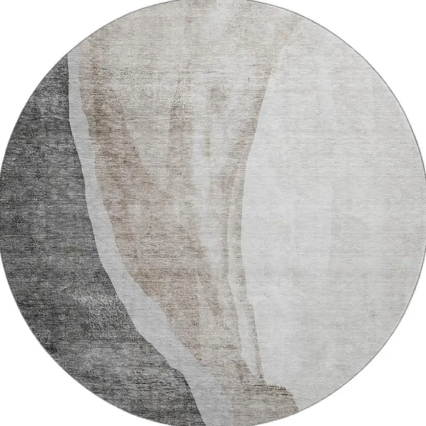 8' Charcoal And Ivory Abstract Washable Round Rug With UV Protection Photo 4