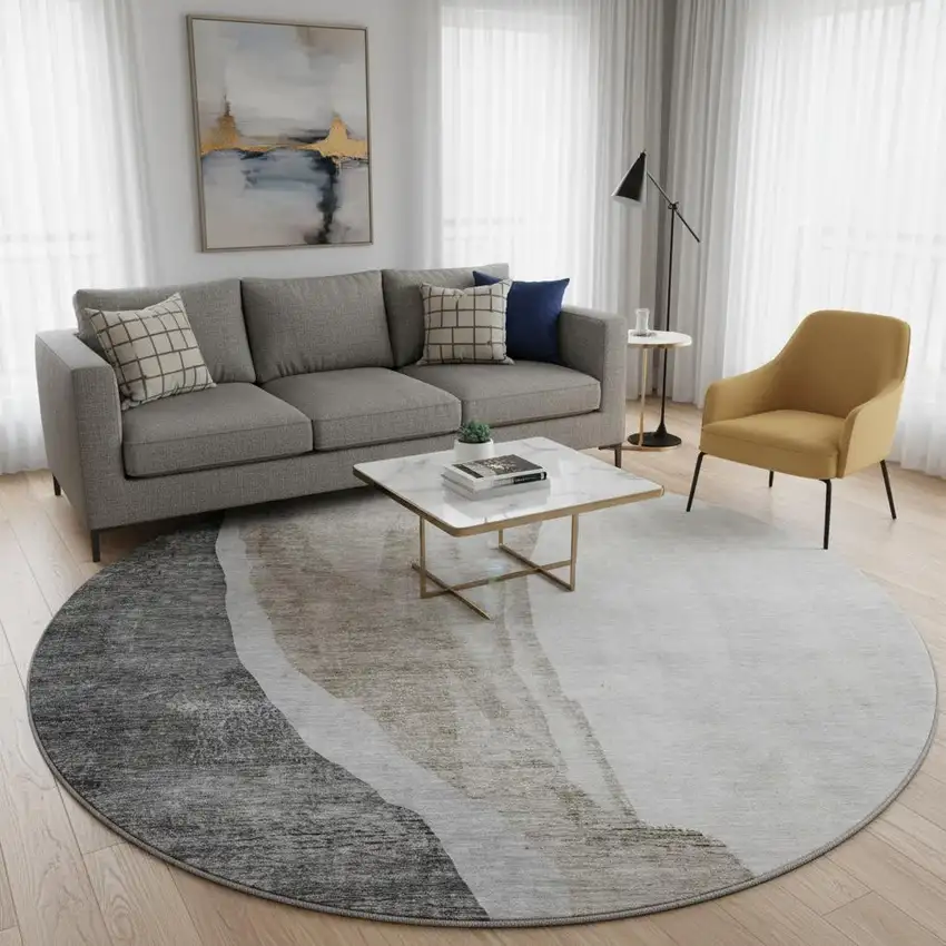 8' Charcoal And Ivory Abstract Washable Round Rug With UV Protection Photo 2