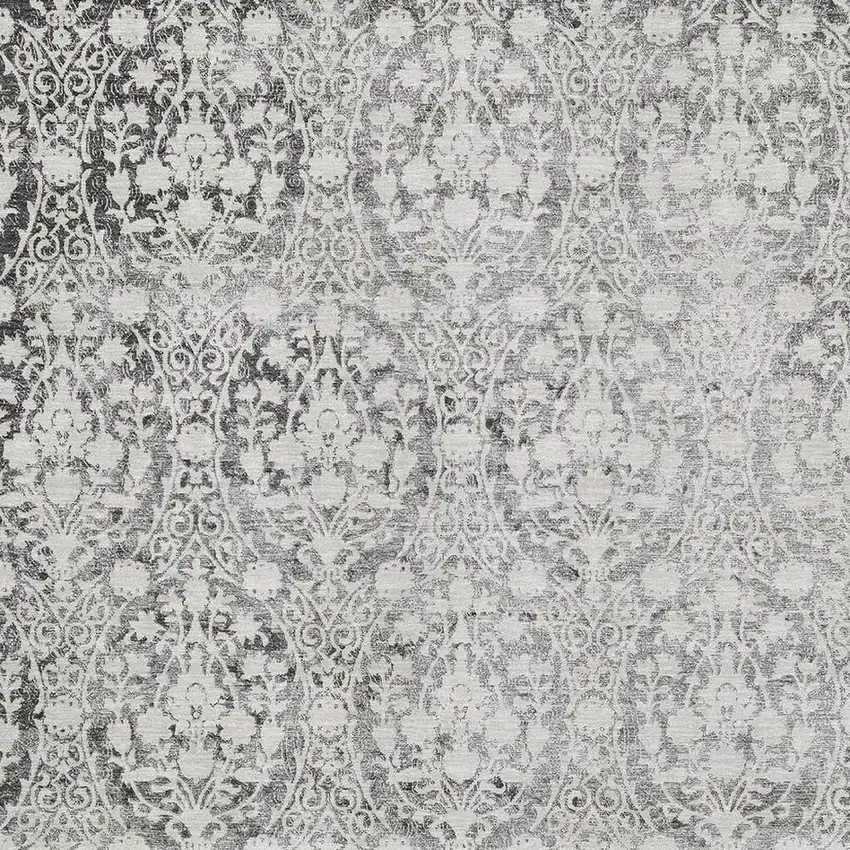 8' Charcoal And Ivory Damask Washable Area Rug With UV Protection Photo 2