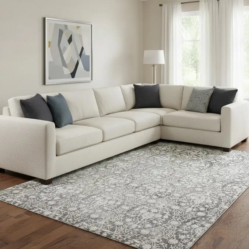 8' Charcoal And Ivory Damask Washable Area Rug With UV Protection Photo 2