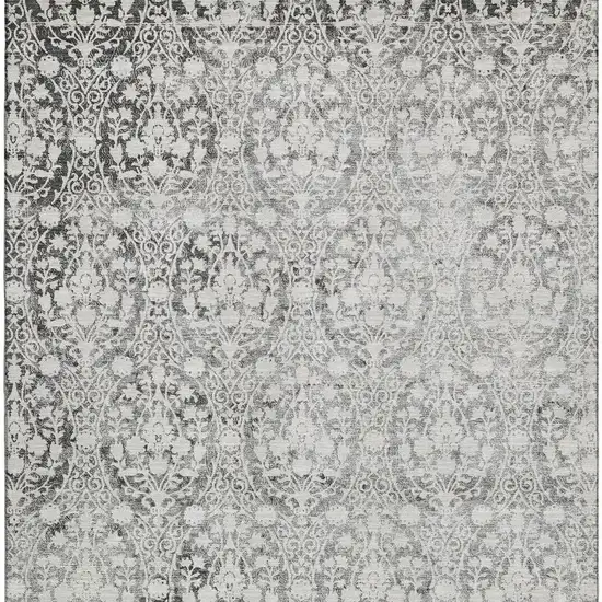 8' Charcoal And Ivory Damask Washable Area Rug With UV Protection Photo 3