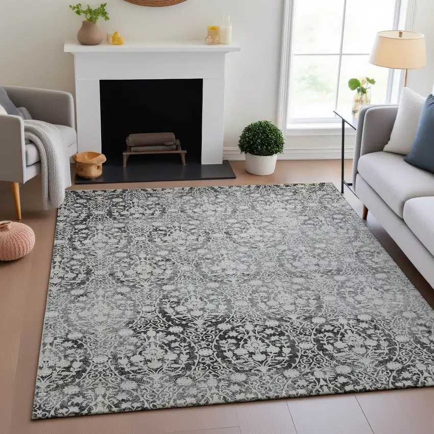 8' Charcoal And Ivory Damask Washable Area Rug With UV Protection Photo 4