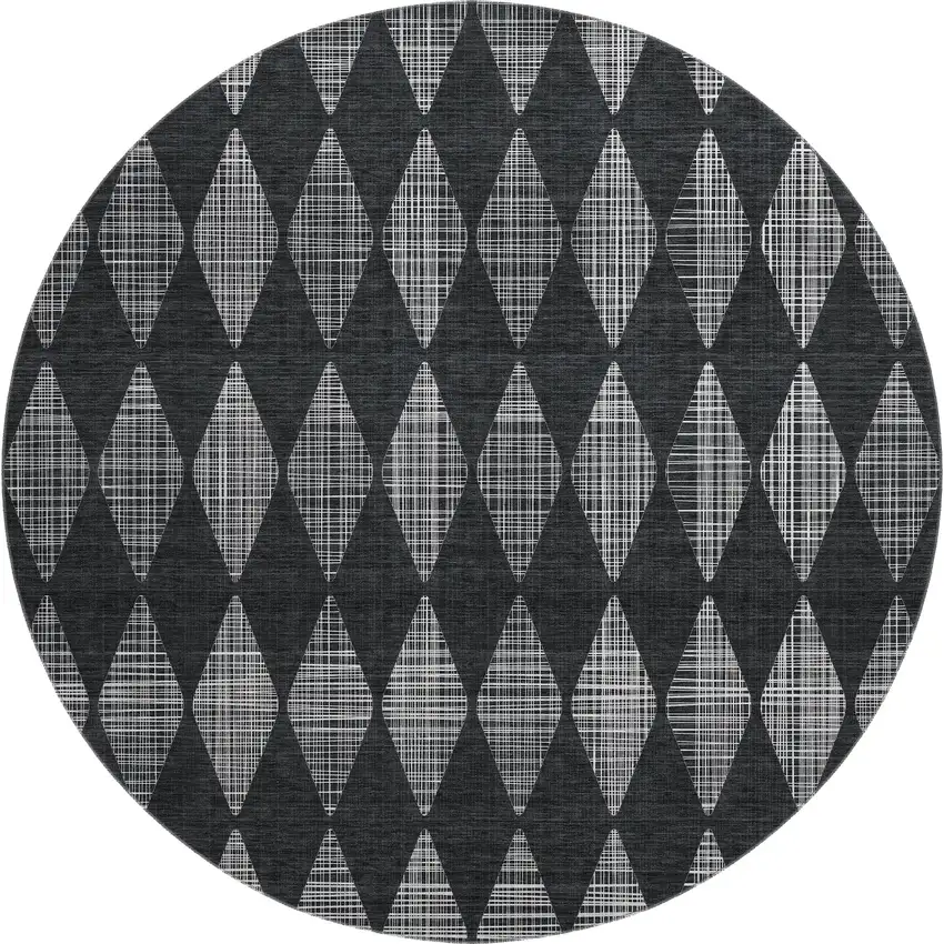 8' Charcoal And Ivory Diamond Washable Round Rug With UV Protection Photo 1