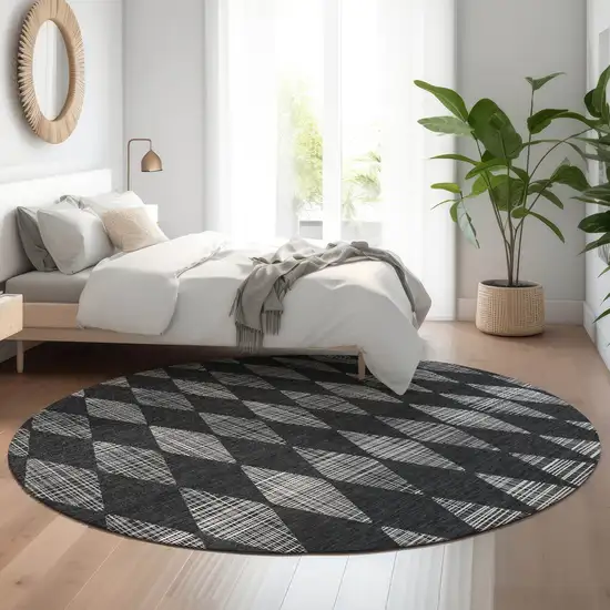 8' Charcoal And Ivory Diamond Washable Round Rug With UV Protection Photo 5
