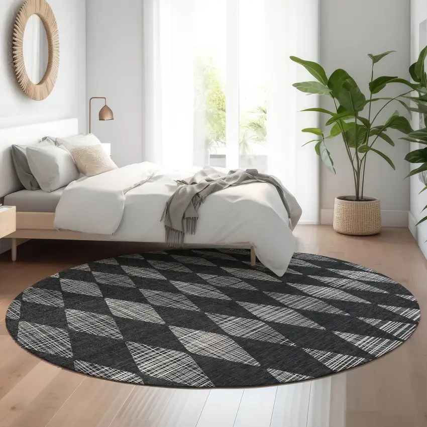 8' Charcoal And Ivory Diamond Washable Round Rug With UV Protection Photo 5