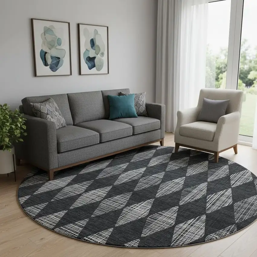 8' Charcoal And Ivory Diamond Washable Round Rug With UV Protection Photo 1