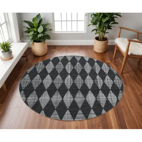 8' Charcoal And Ivory Diamond Washable Round Rug With UV Protection Photo 2