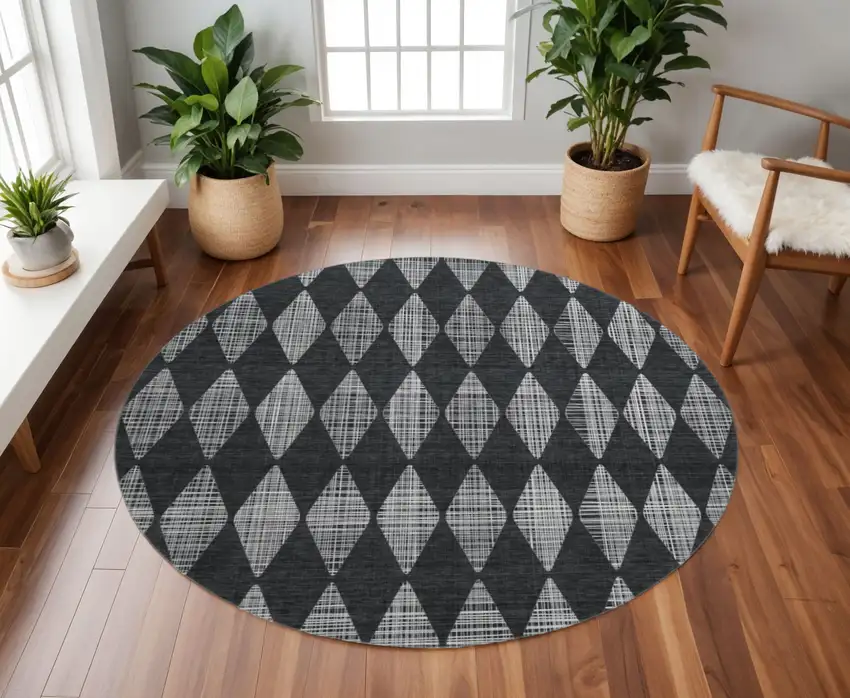 8' Charcoal And Ivory Diamond Washable Round Rug With UV Protection Photo 2
