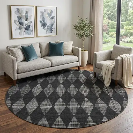 8' Charcoal And Ivory Diamond Washable Round Rug With UV Protection Photo 1