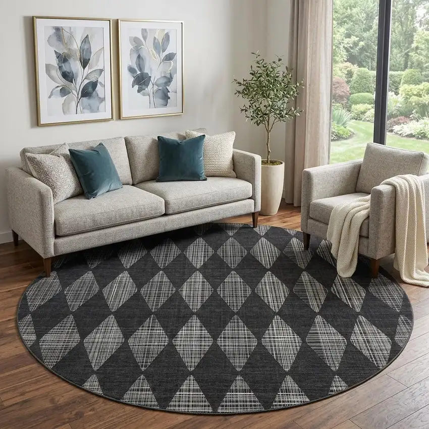 8' Charcoal And Ivory Diamond Washable Round Rug With UV Protection Photo 1
