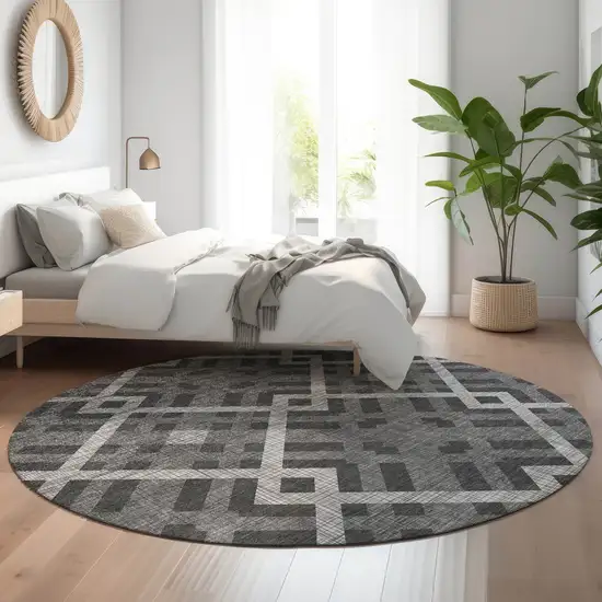 8' Charcoal And Ivory Geometric Washable Round Rug With UV Protection Photo 4