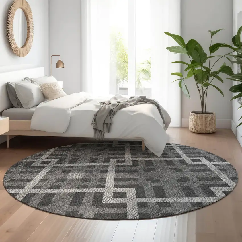 8' Charcoal And Ivory Geometric Washable Round Rug With UV Protection Photo 4