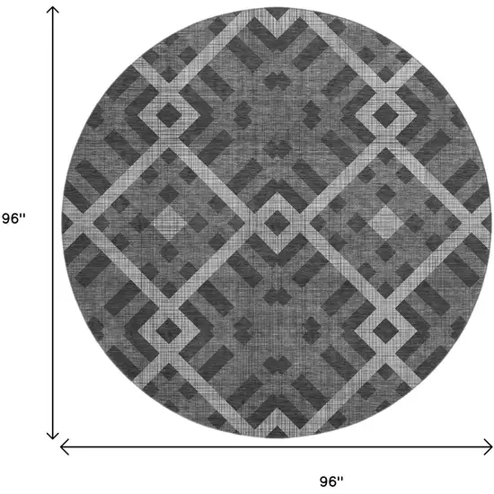 8' Charcoal And Ivory Geometric Washable Round Rug With UV Protection Photo 9