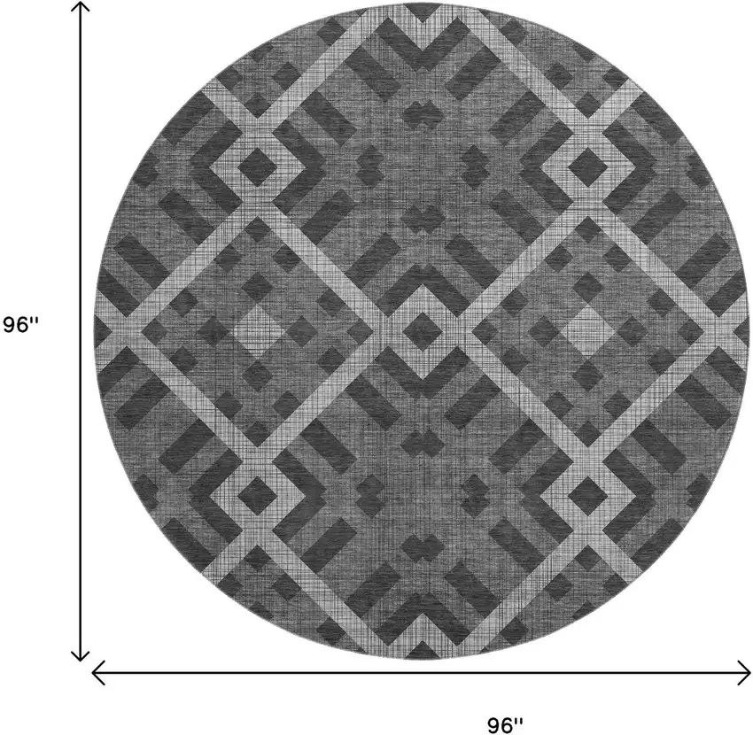 8' Charcoal And Ivory Geometric Washable Round Rug With UV Protection Photo 9