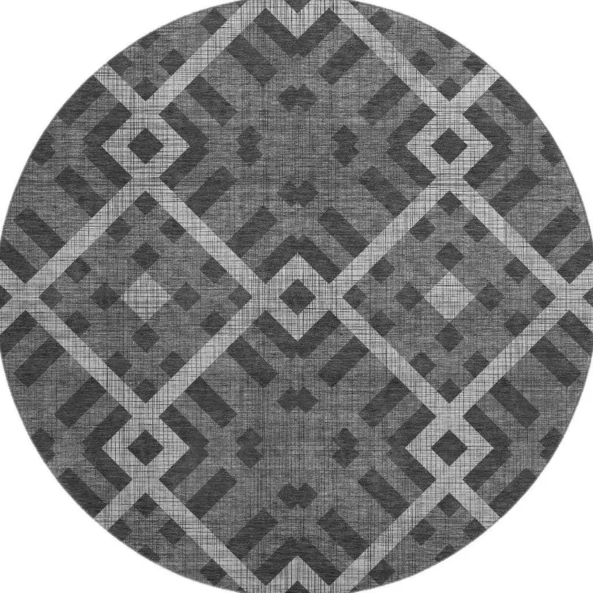 8' Charcoal And Ivory Geometric Washable Round Rug With UV Protection Photo 3