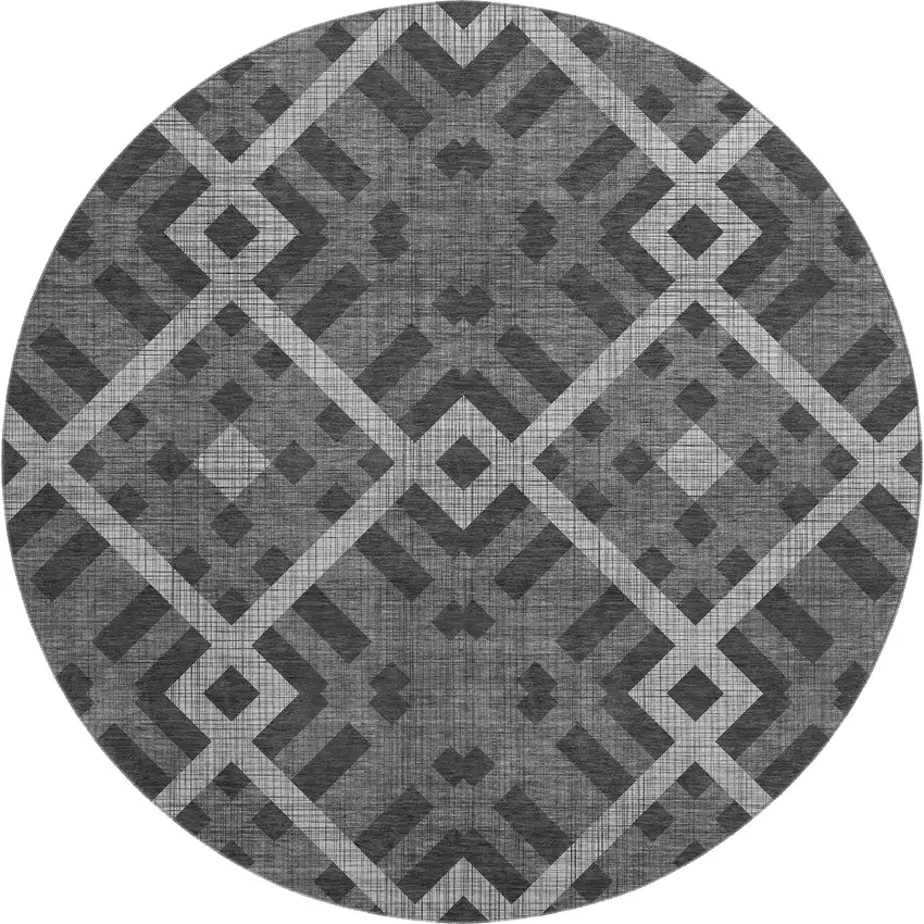 8' Charcoal And Ivory Geometric Washable Round Rug With UV Protection Photo 1