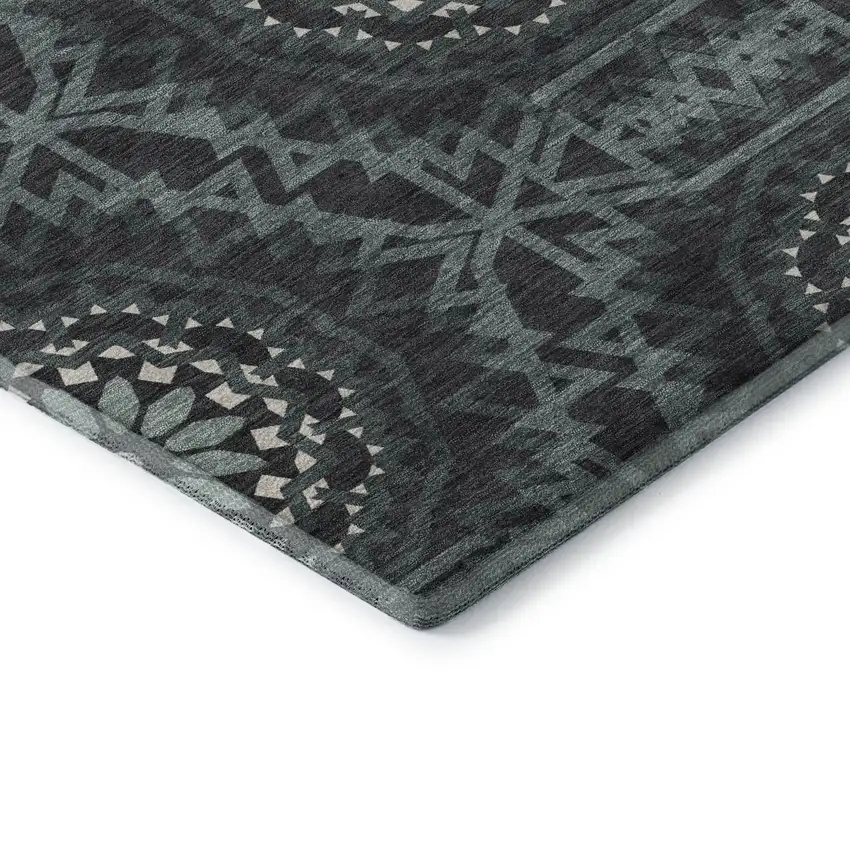 8' Charcoal And Ivory Geometric Washable Round Rug With UV Protection Photo 6