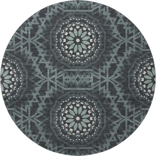 8' Charcoal And Ivory Geometric Washable Round Rug With UV Protection Photo 3