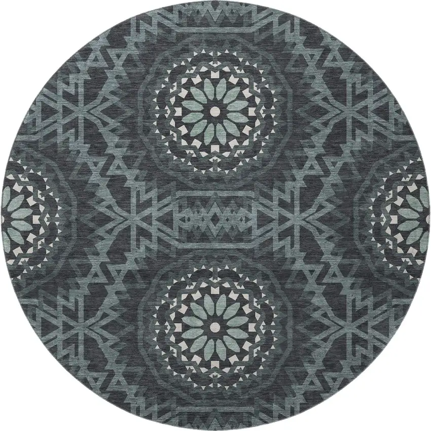 8' Charcoal And Ivory Geometric Washable Round Rug With UV Protection Photo 3