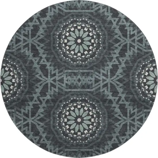 8' Charcoal And Ivory Geometric Washable Round Rug With UV Protection Photo 1